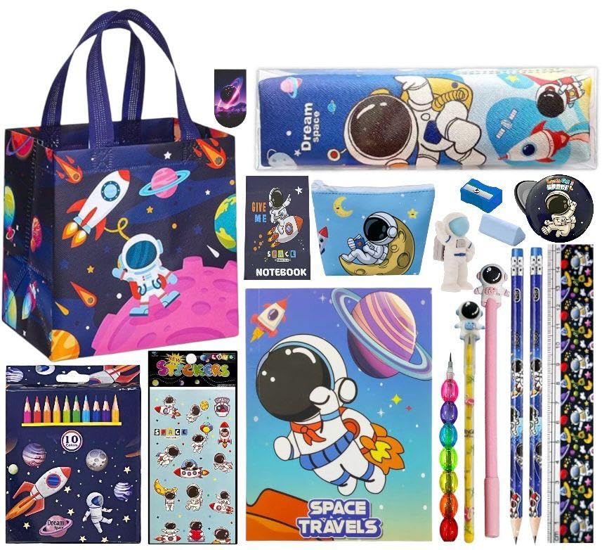 Image of 15 items in 1 combo Space Galaxy Stationery Gift Set for Kids, Astronaut Theme Bag, Ages 6-12 Years, diary, pen,pencil,eraser,colors,coin pouch & more