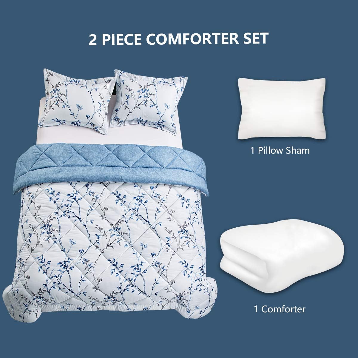 CozyLux Twin 2 Pieces Printed Comforter Set for Kids with Orchid Floral Pattern Lightweight Soft Down Alternative Duvet Insert - Fluffy Microfiber Bed Set for All Season, Blue Flower