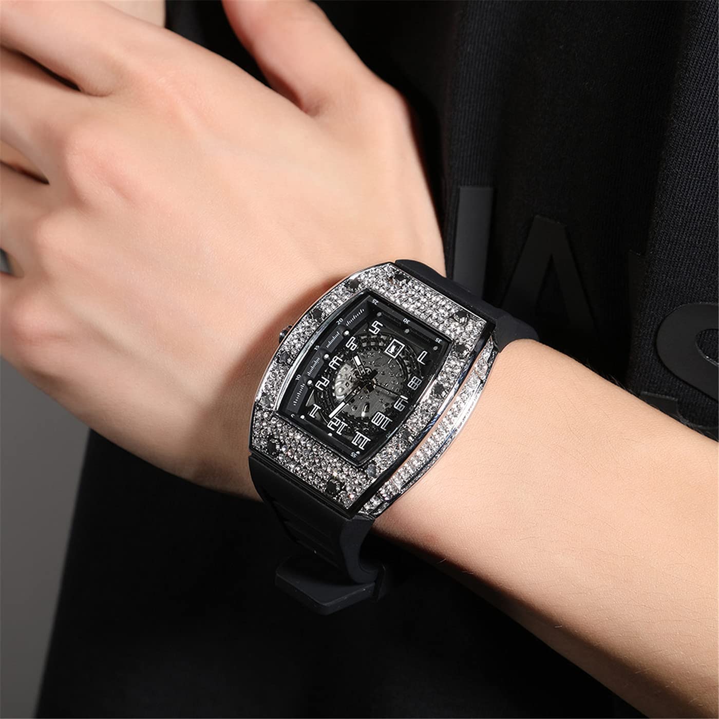 ICEDIAMOND Bling CZ Diamond Skeleton Barrel Dial Orologio al quarzo orologio da uomo con calendario giorno ghiacciato Hip Hop Fashion Watch, Nero-argento, Moda