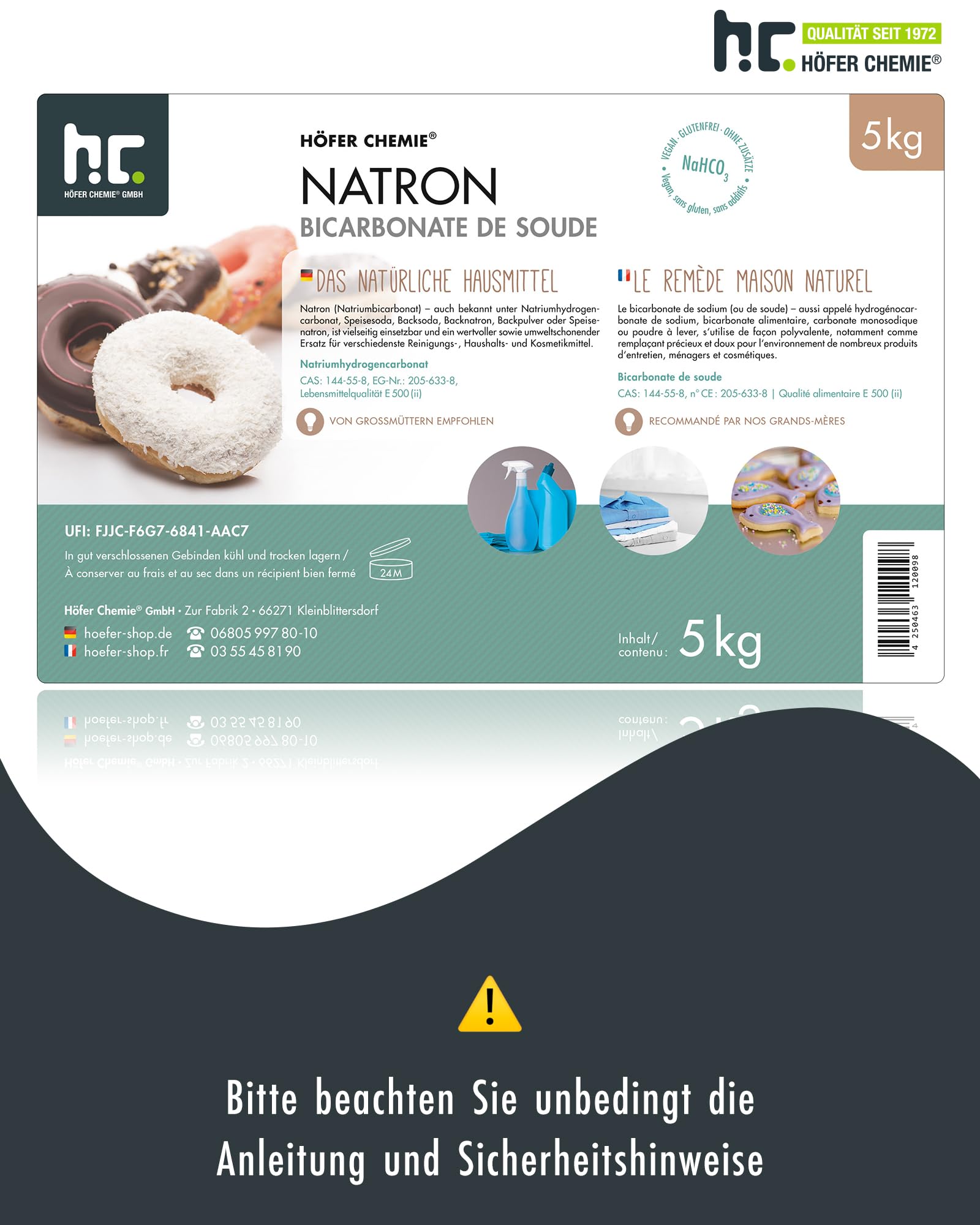 Höfer Chemie Natron Backsoda Natriumhydrogencarbonat 4 x 5 kg - Natron Pulver in Lebensmittelqualität - Effektives Hausmittel - Vielseitig Verwendbar