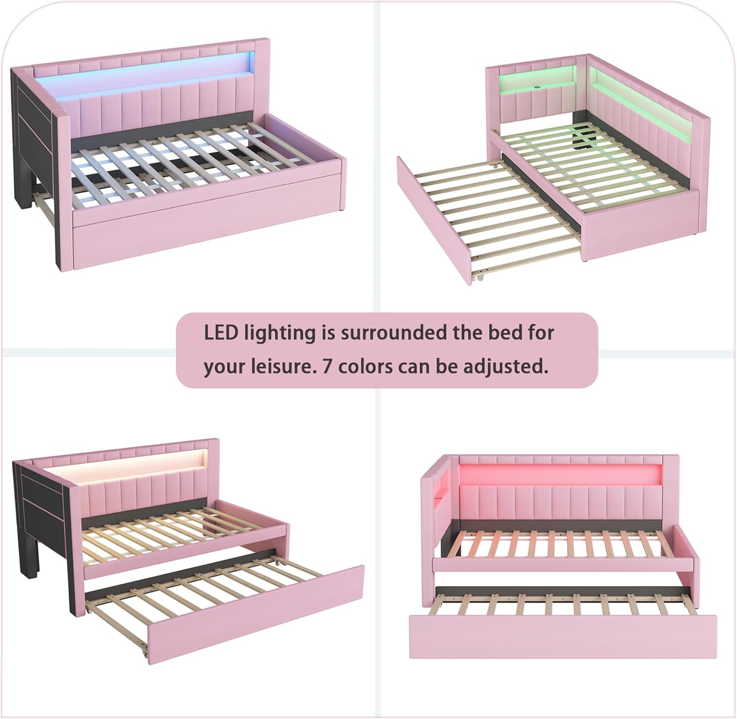 Polibi Twin Size Upholstered Platform Bed with LED Lights and USB Ports, L-Shaped Daybed with Trundle for Extra Sleeping Space, Pink