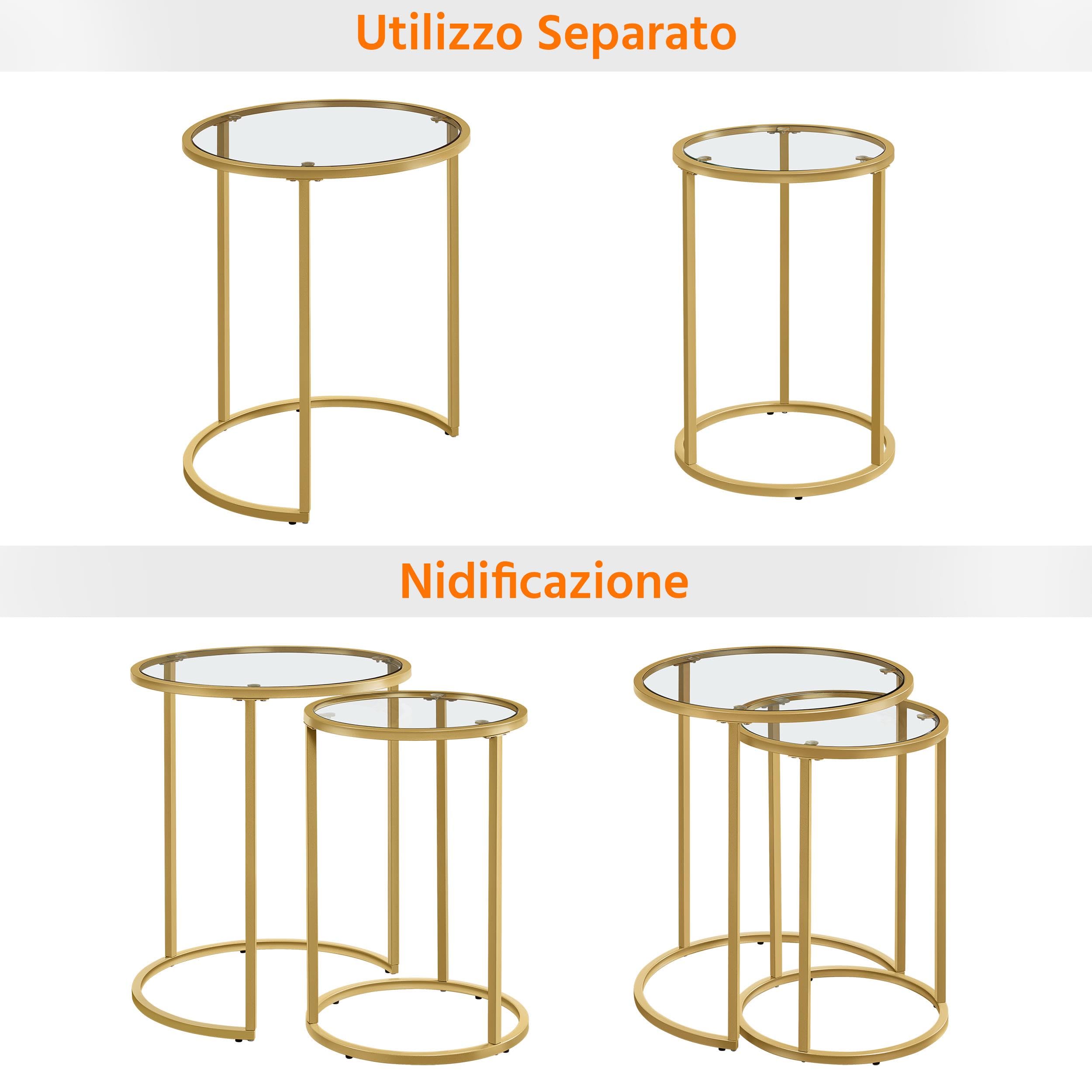 Set di 2 Tavolini da caffè Tavolino da Salotto Rotondi con Struttura in Metallo e Piano in Vetro Tavolino Salotto Moderno Soggiorno Ufficio Oro