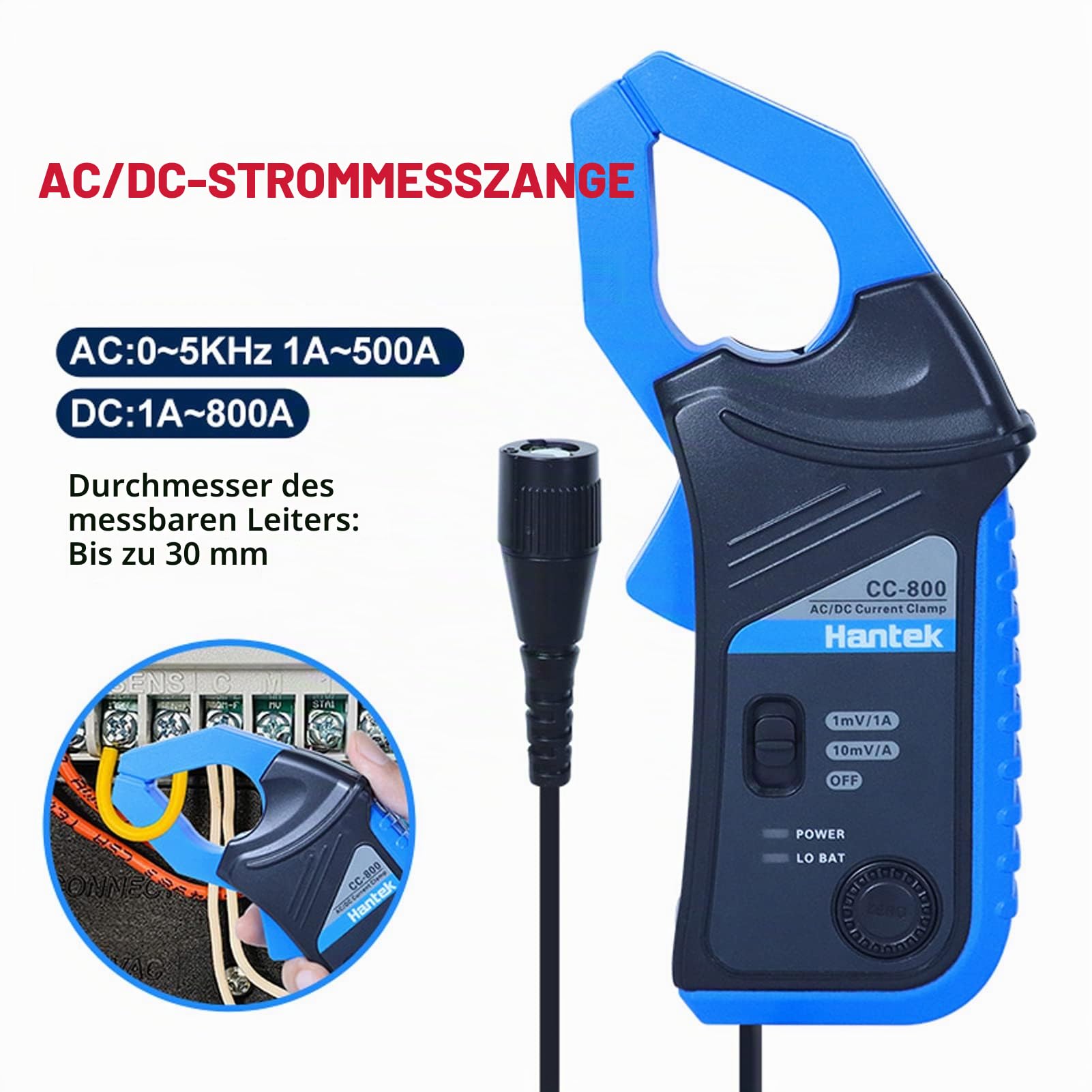 Hantek CC-800 AC/DC Stromzange 5KH Oszilloskop Multimeter Bandbreite 1mV/10mV/A 500A/800A mit BNC Anschluss