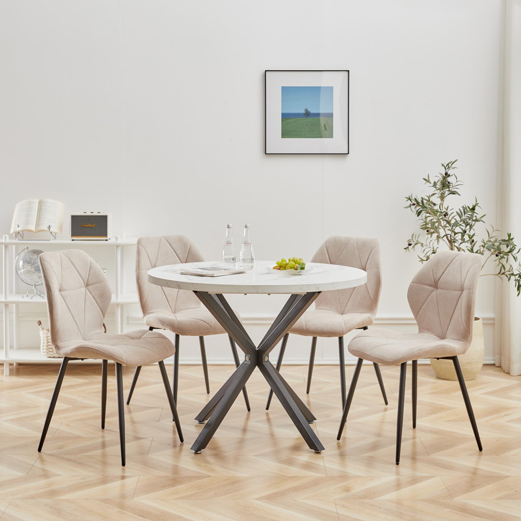 Juego de 4 Sillas de Comedor sin Reposabrazos, Tapizadas en Lino con Respaldo de Rombos, Sillas Modernas con Patas de Metal, Sillas Auxiliares para Cocina y Comedor, Ahorra Espacio, Caqui