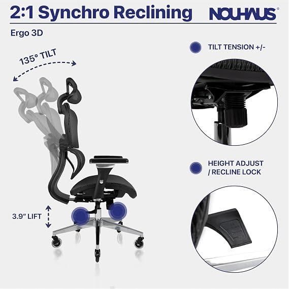 Nouhaus Ergo3D Ergonomic Office Chair Lumbar Support Mesh Office Chair with 4D Adjustable Armrest, Adjustable Headrest and Wheels, Mesh High Back Home Office Desk Chairs(Black)