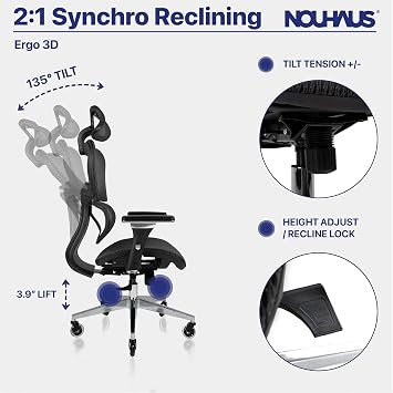 Nouhaus Ergo3D Ergonomic Office Chair Lumbar Support Mesh Office Chair with 4D Adjustable Armrest, Adjustable Headrest and Wheels, Mesh High Back Home Office Desk Chairs(Black)