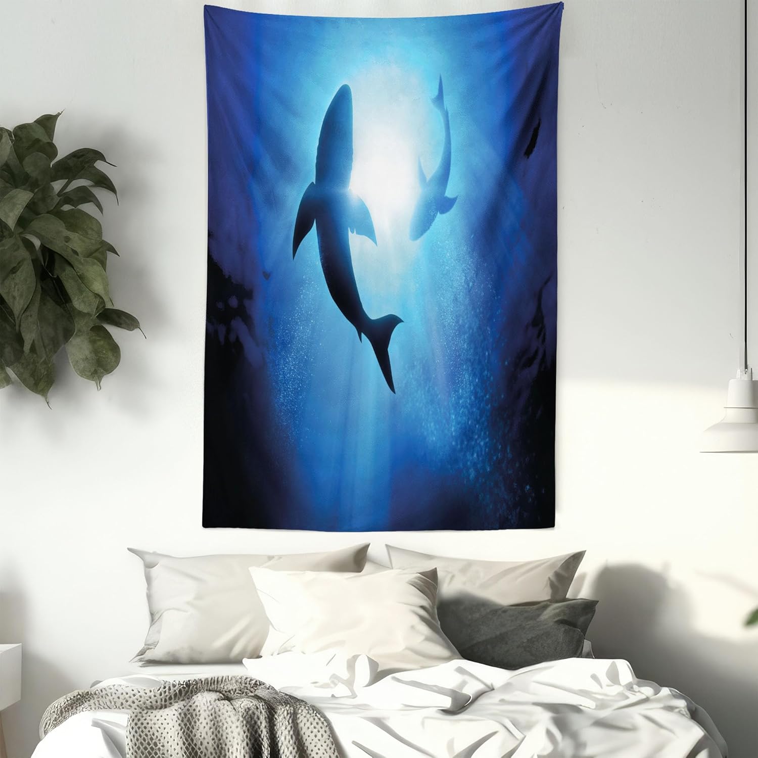 Ambesonne Shark Tapestry Twin Size, Underwater World Fish Silhouettes Circling in the Sea Surreal Ocean Life Print, Wall Hanging Bedspread Bed Cover Wall Decor, 68" X 88", Royal Blue