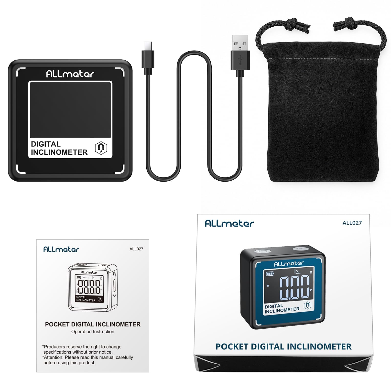 Inclinometro Digital Compacto, Nivel Digital con pantalla VA, base magnética, ranura en V, Type-C, IP54 para medición precisa 4×90° en talleres y obra, ideal para manualidades y bricolaje
