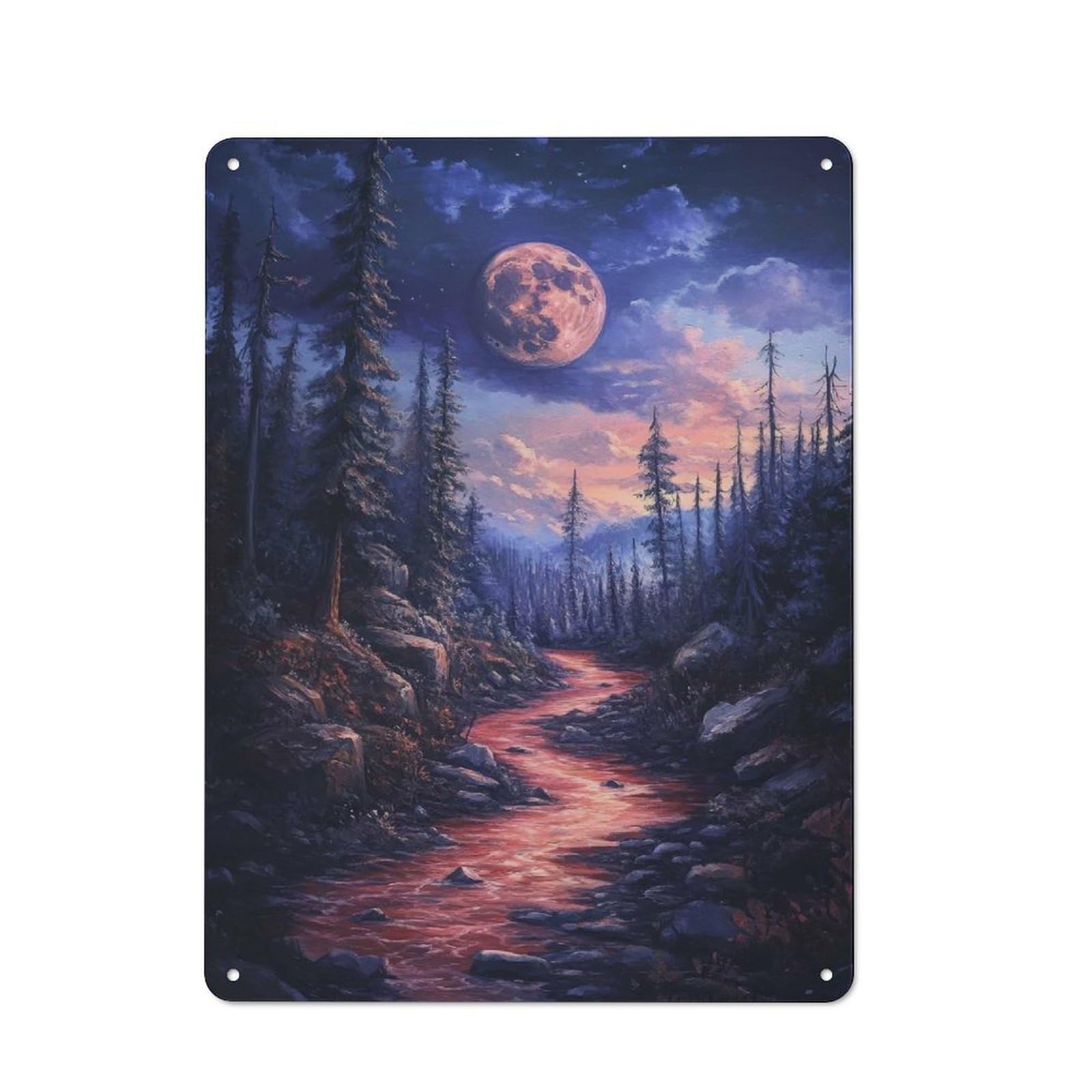 Junmoney Style-13 Red River Under A Full Moon Rustic Tin Wall Plaque 40X30cm For Hobby Room Or Studio, A New Home Present For Creative Interior Collectors