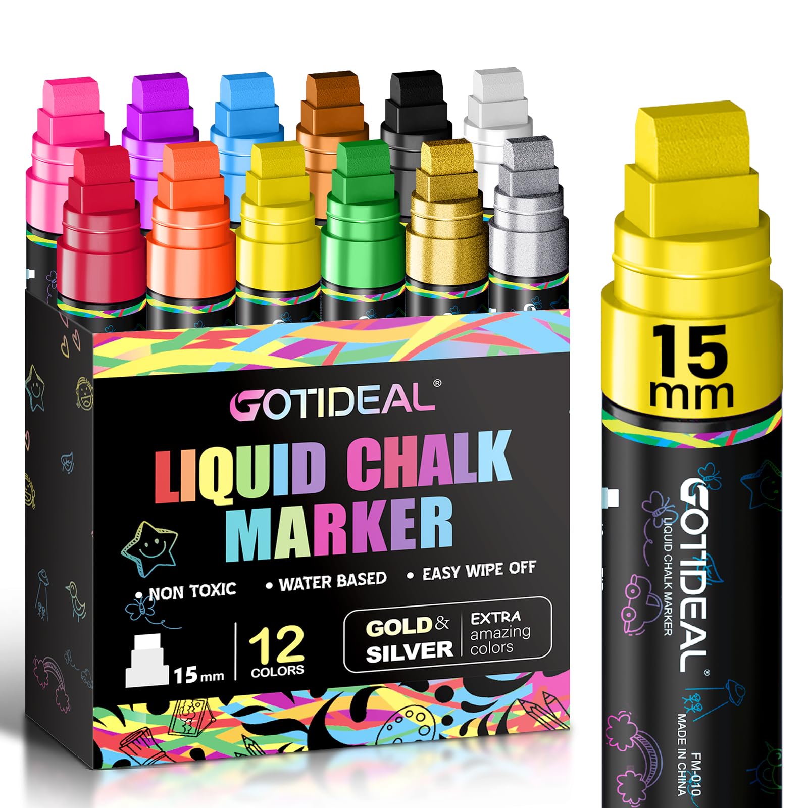 - GOTIDEAL 15mm Window Markers, Jumbo Chalk Markers for Blackboard Erasable,Washable Car Marker for Auto,Chalkboard,Glass,Mirrow,Calendar,12 Colors Car Paint Pens With Metallic Colors(3-in-1 Thick Tip)