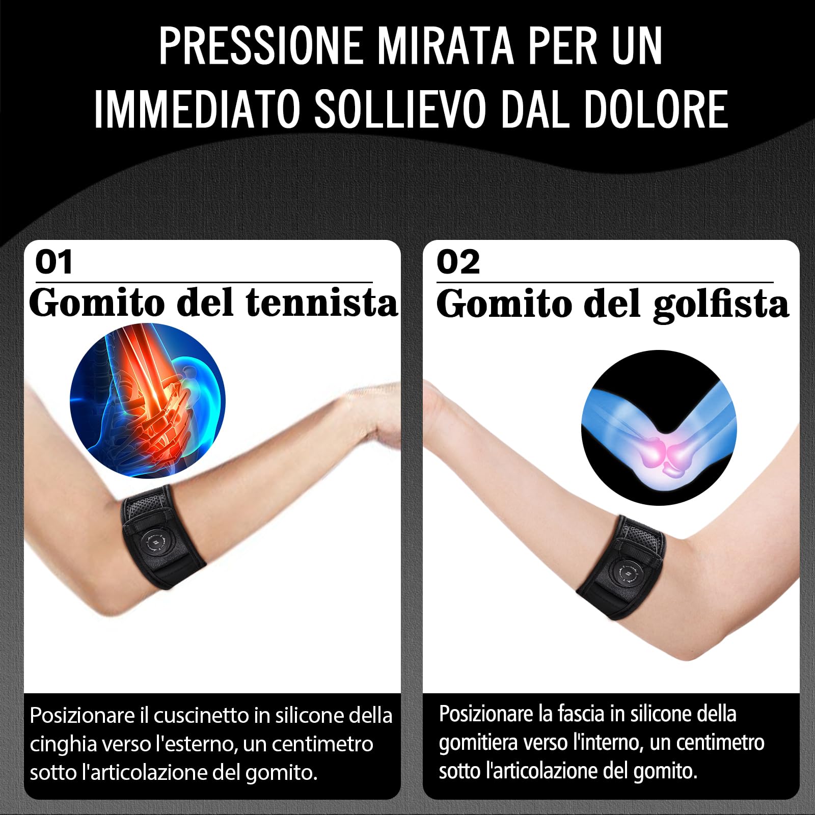 Tutore Epicondilite Gomito e Gomitiera per Epicondilite, Fascia Regolabile per Uomo e Donna, Supporto per Tennis Elbow e Tendinite (Nero, Taglia Unica Standard) 23-29 cm