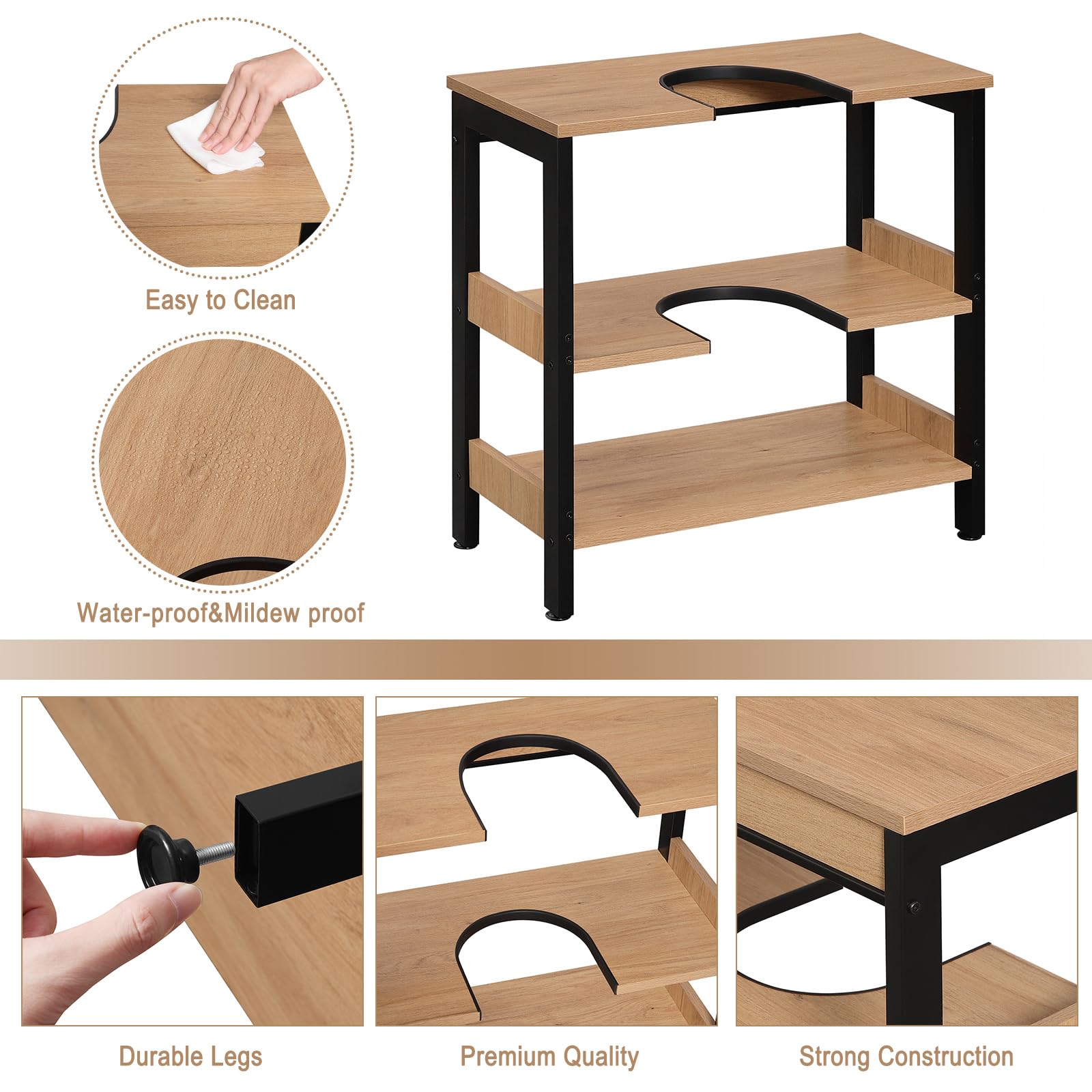 eSituro Waschbeckenunterschrank, Unterschrank Badschrank mit Ablagen, Badunterschrank Waschbecken aus MDF mit Siphonausschnitt, 60 x 60 x 30 cm