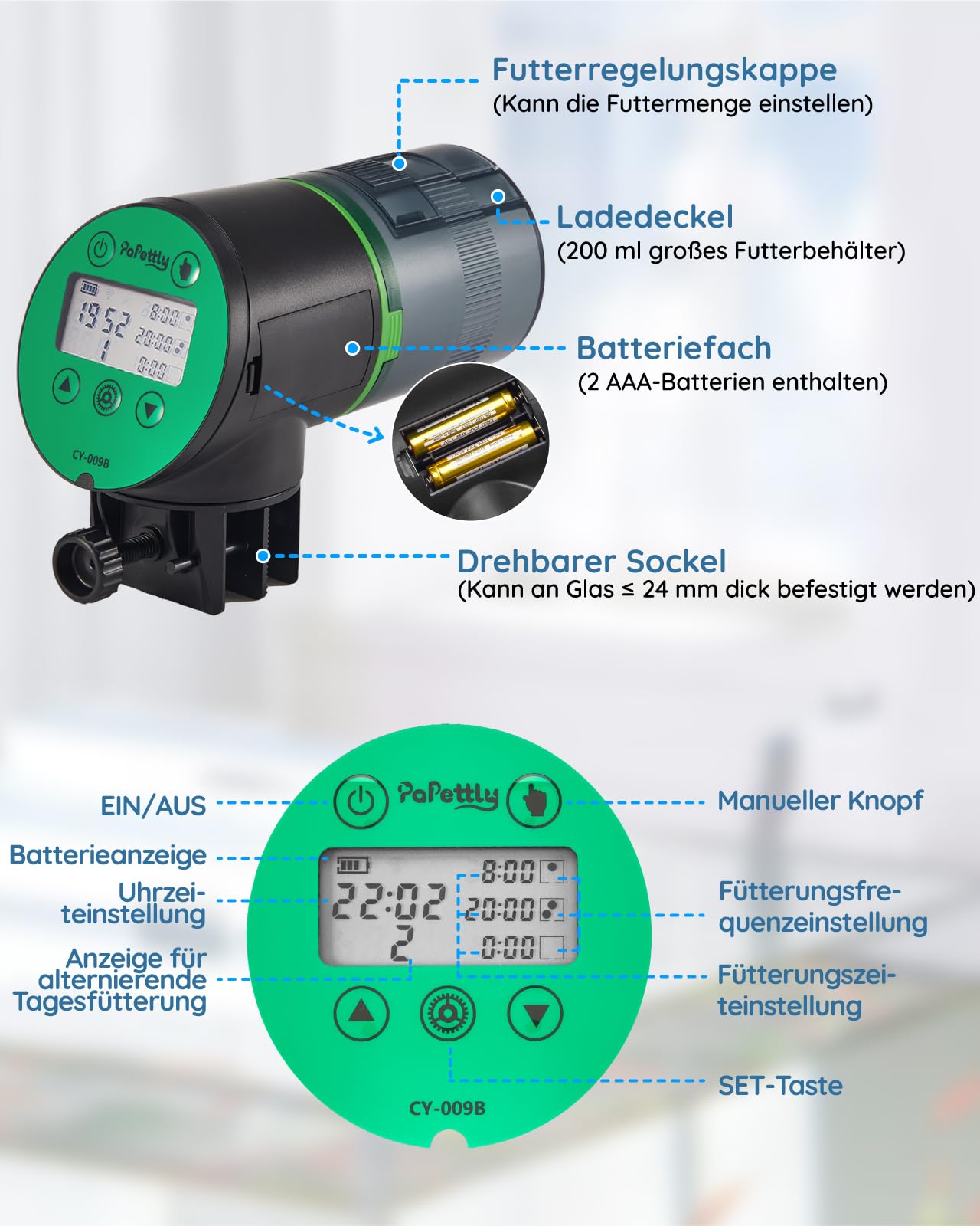 Papettly Futterautomat Aquarium, Automatischer Fischfutterautomat für Aquarium mit Batteriebetrieben, Fische Fischfutterspender 200ml, 2 AAA-Batterien im Lieferumfang enthalten, Fischfutterschwimmring