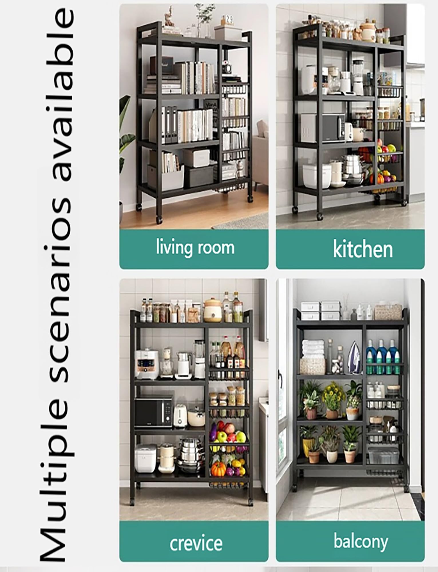 Carrito rodante de metal de 4 niveles con cestas de malla de acero, organizador multiusos para cocina, garaje y despensa, solución de almacenamiento duradera con ruedas