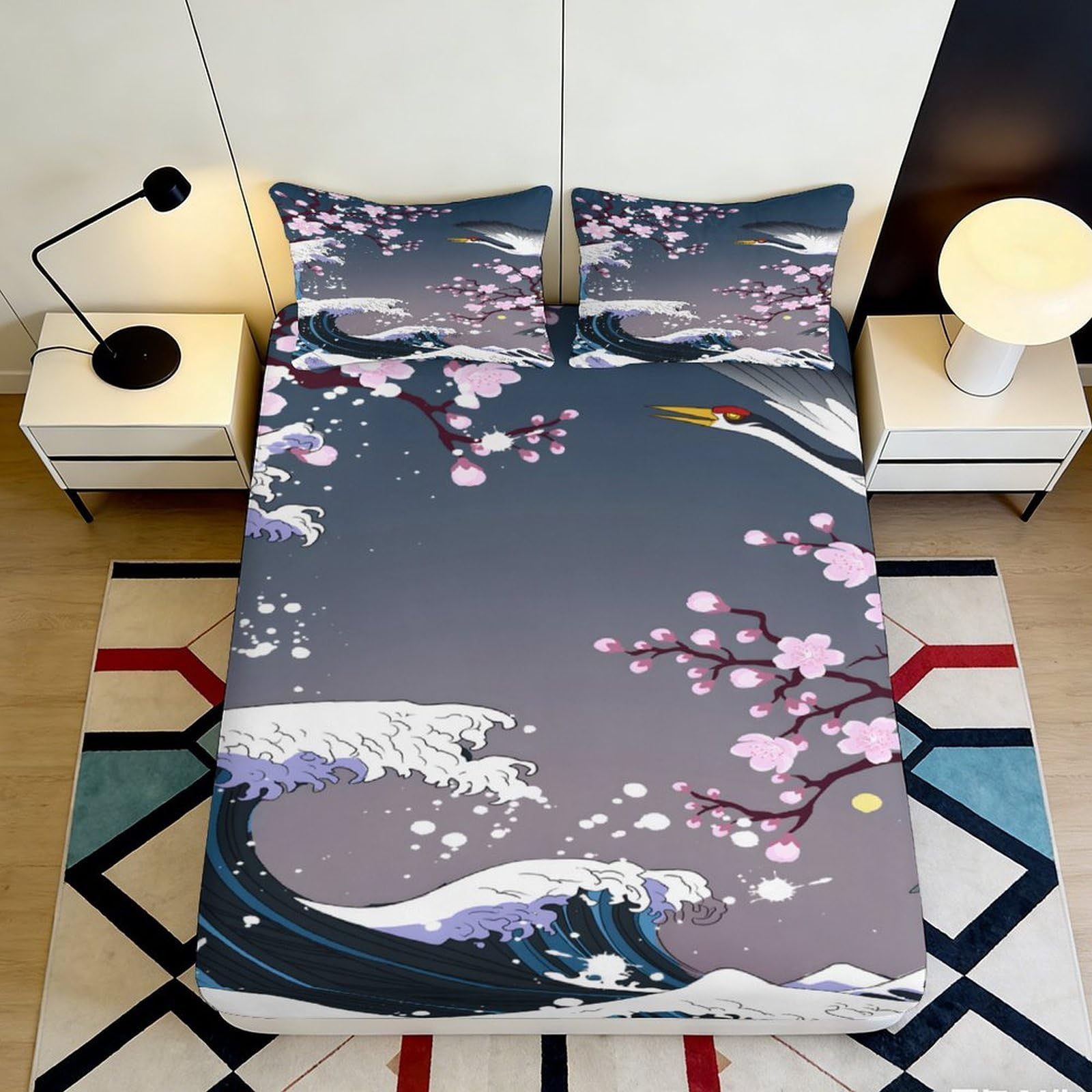 Jqzkxnhpbr Style-2 3D Printed Sakura Wave Fitted Sheet Microfiber Soft Breathable Cherry Blossom Bed Cover For Bedroom Dorm Decor Protection 90X200x25cm