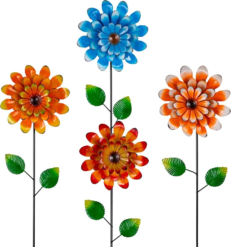 4 Pcs Wind Spinners Outdoor, Small Metal Flower Windmill | Colorful Pinwheels Decorative Garden Stakes for Yard Patio Lawn Garden Decor, 26 x 5 Inches
