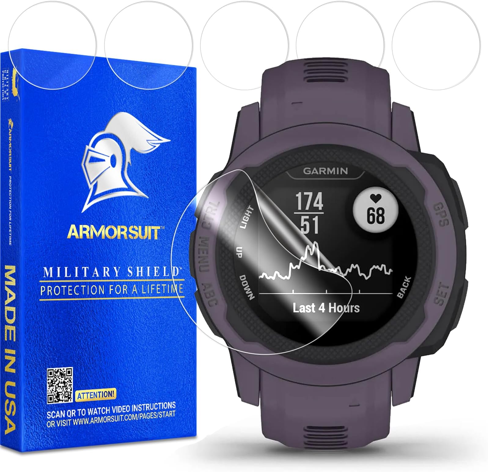 6 Pack for Garmin Instinct 2S Solar (40mm) Screen Protector MilitaryShield HD Clear Film - Made in USA