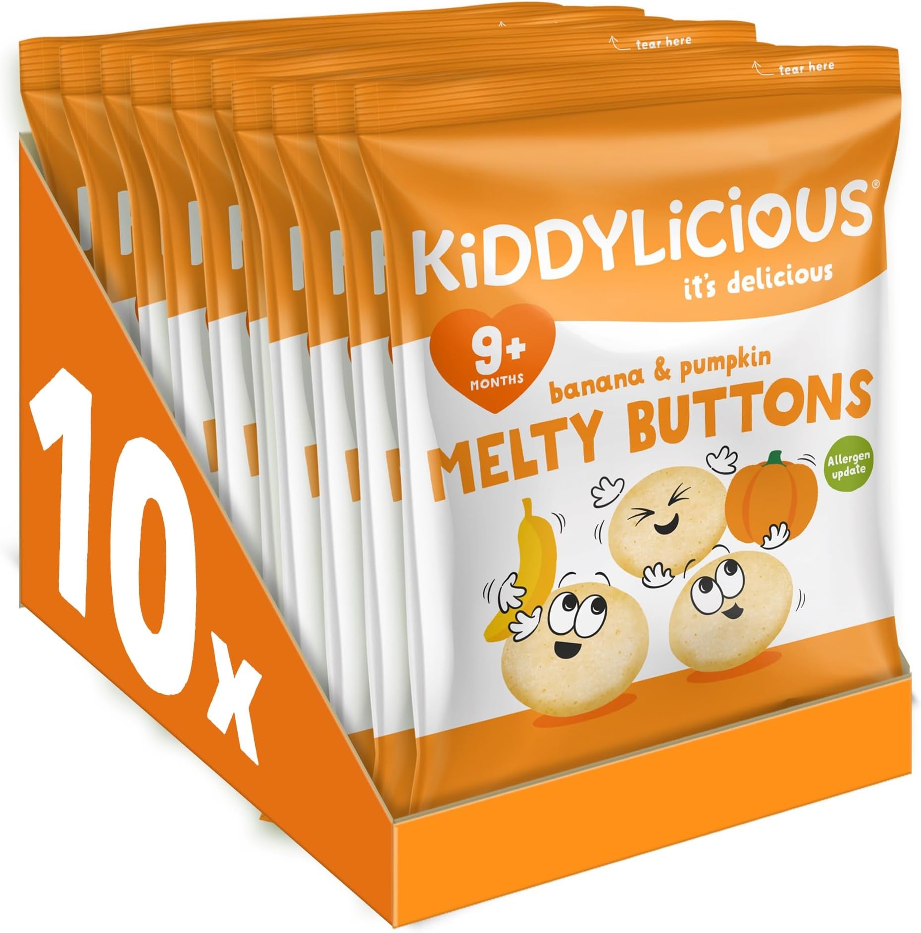 Kiddylicious Banana & Pumpkin Melty Buttons - Delicious Snacks for Kids - Suitable for 9+ Months - 10 Packs