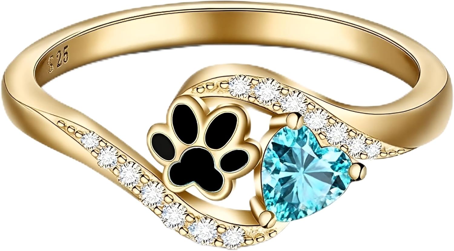 ELFRONT Customized 10K/14K/18K Paw Print with Birthstone Ring Personalized Cat Dog Paw Print Jewelry Gift for Women
