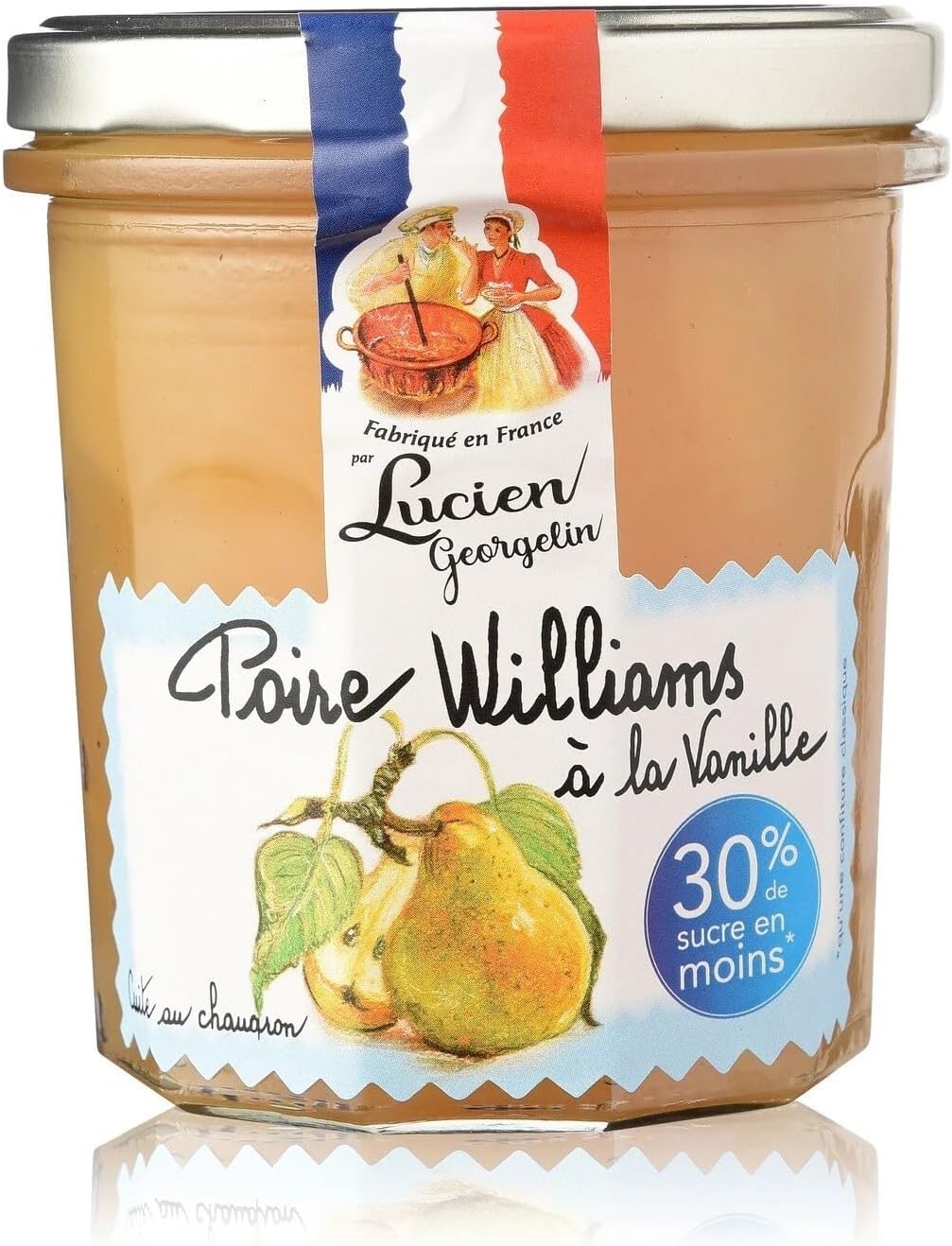 Lucien Georgelin Light Williams Pear with Vanilla Jam – 320g – 60% Pears – 30% Less Sugar – No Additives or Preservatives – Copper-Cauldron Cooked – French Gourmet Spread