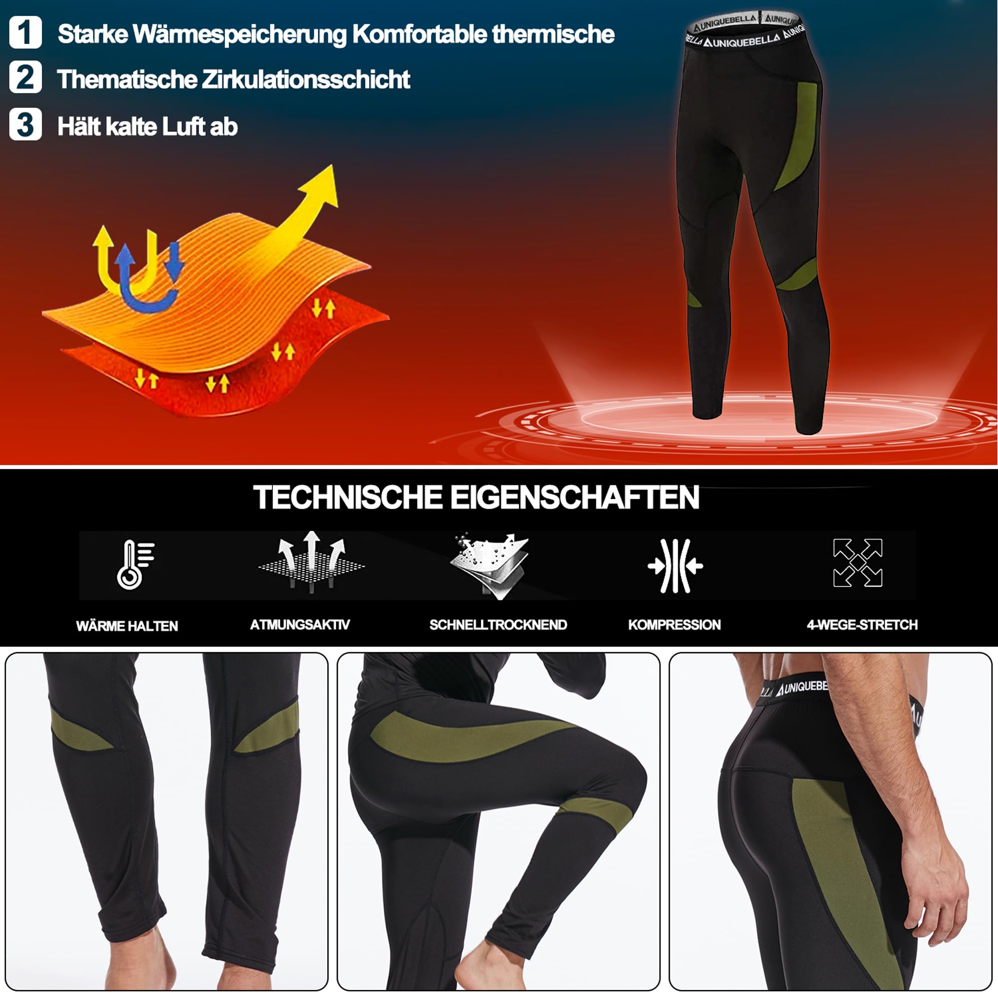 UNIQUEBELLA Thermounterwäsche Unterhose, Funktions Herren Funktionswäsche Skiunterwäsche Winter Suit Ski Thermo-Unterwäsche Thermowäsche Leggings