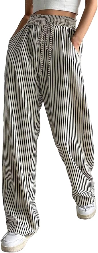Womens 2025 Summer Lightweight Casual Striped Wide Leg Pants Drawstring Elastic Waist Palazzo Trousers Pants