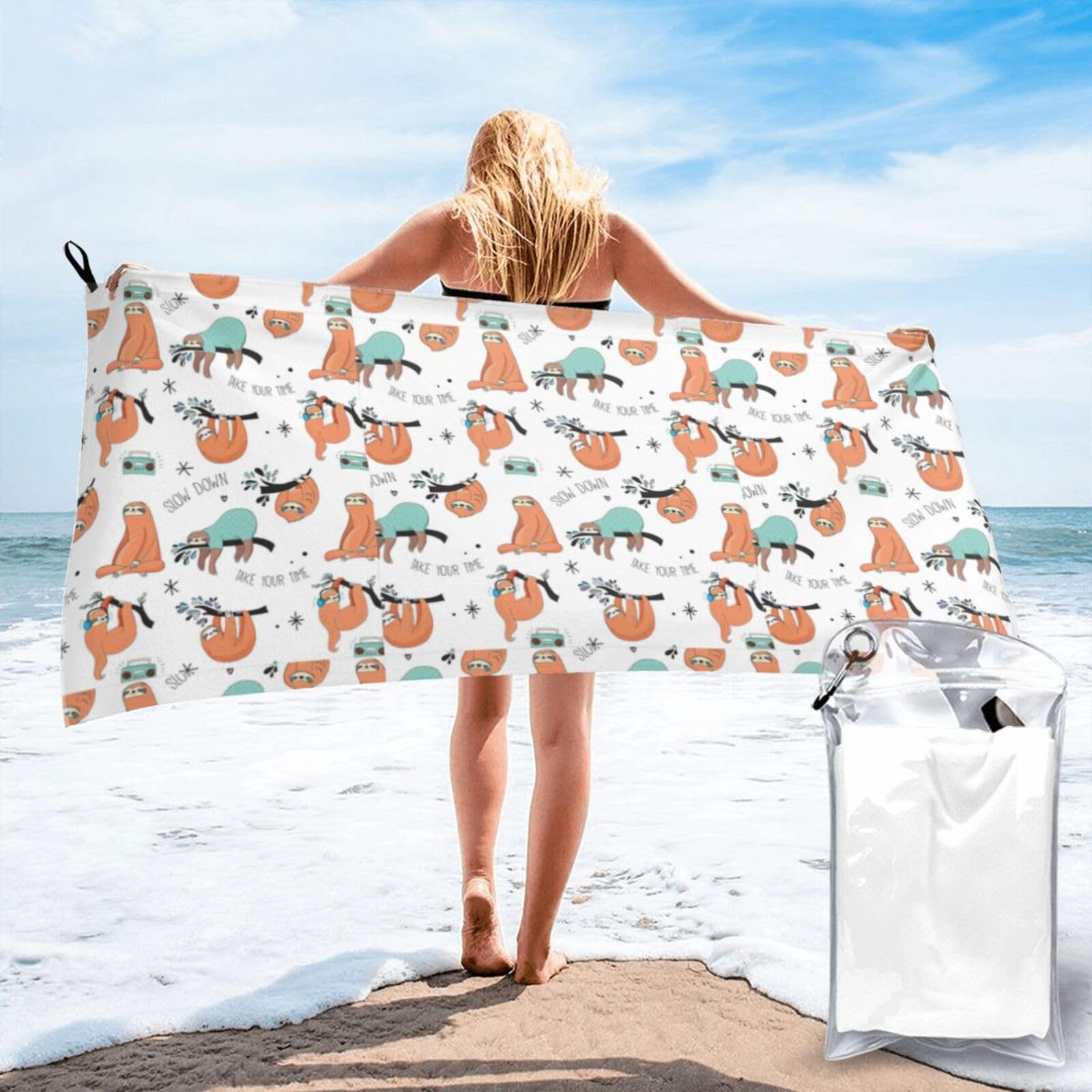SDEGTHO Brown Sloth Print Beach Towel Quick Dry Portable For Swimming Yoga Adults Fitness