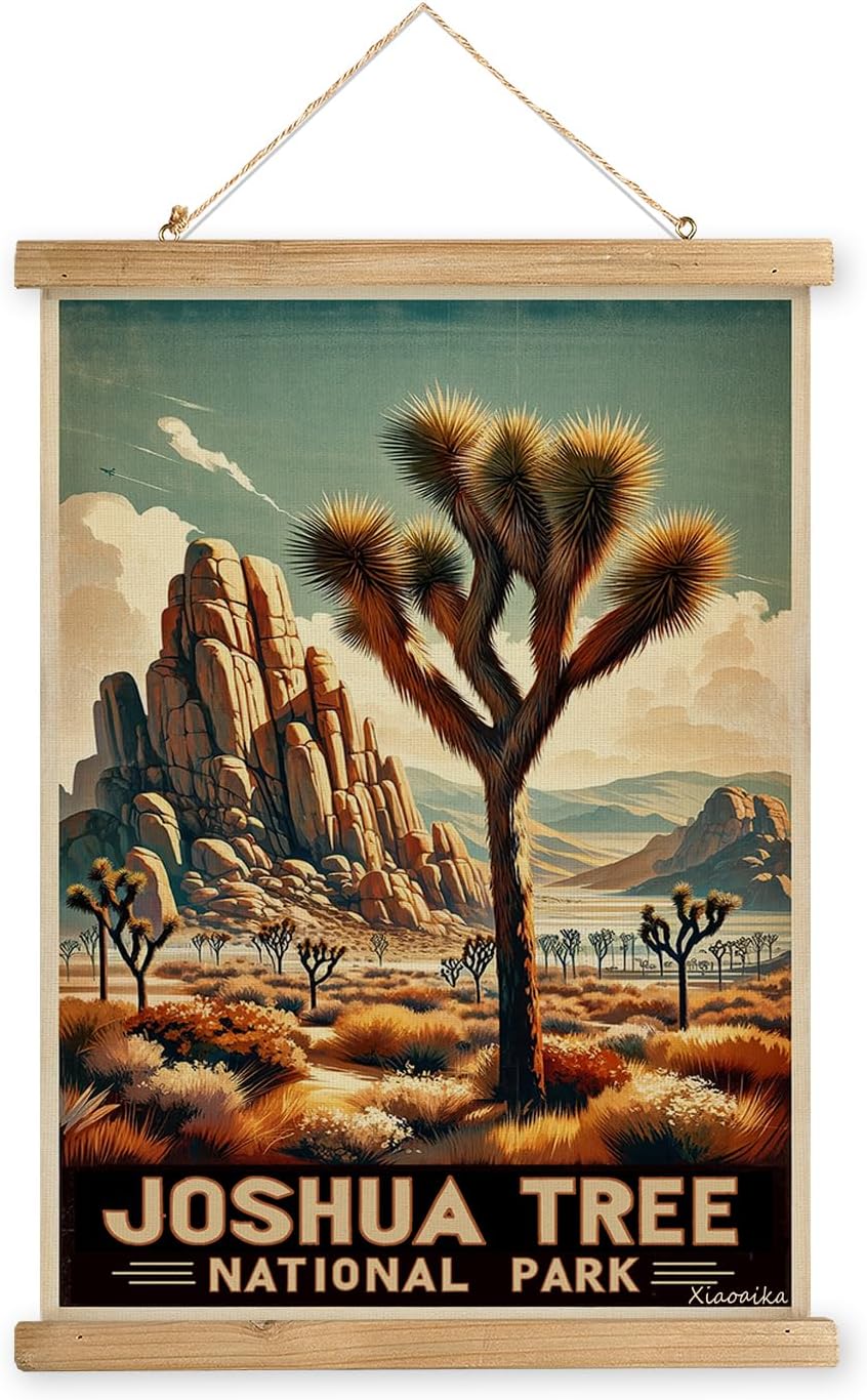 XIAOAIKA Vintage Joshua Tree National Park Travel Poster with Wooden Scroll Frame – Holiday Decoration or Gift for Living Room, Bedroom, Office Wall Decor, Retro Art Print 20 x 30 Inches 30"L x 20"W Joshua Tree