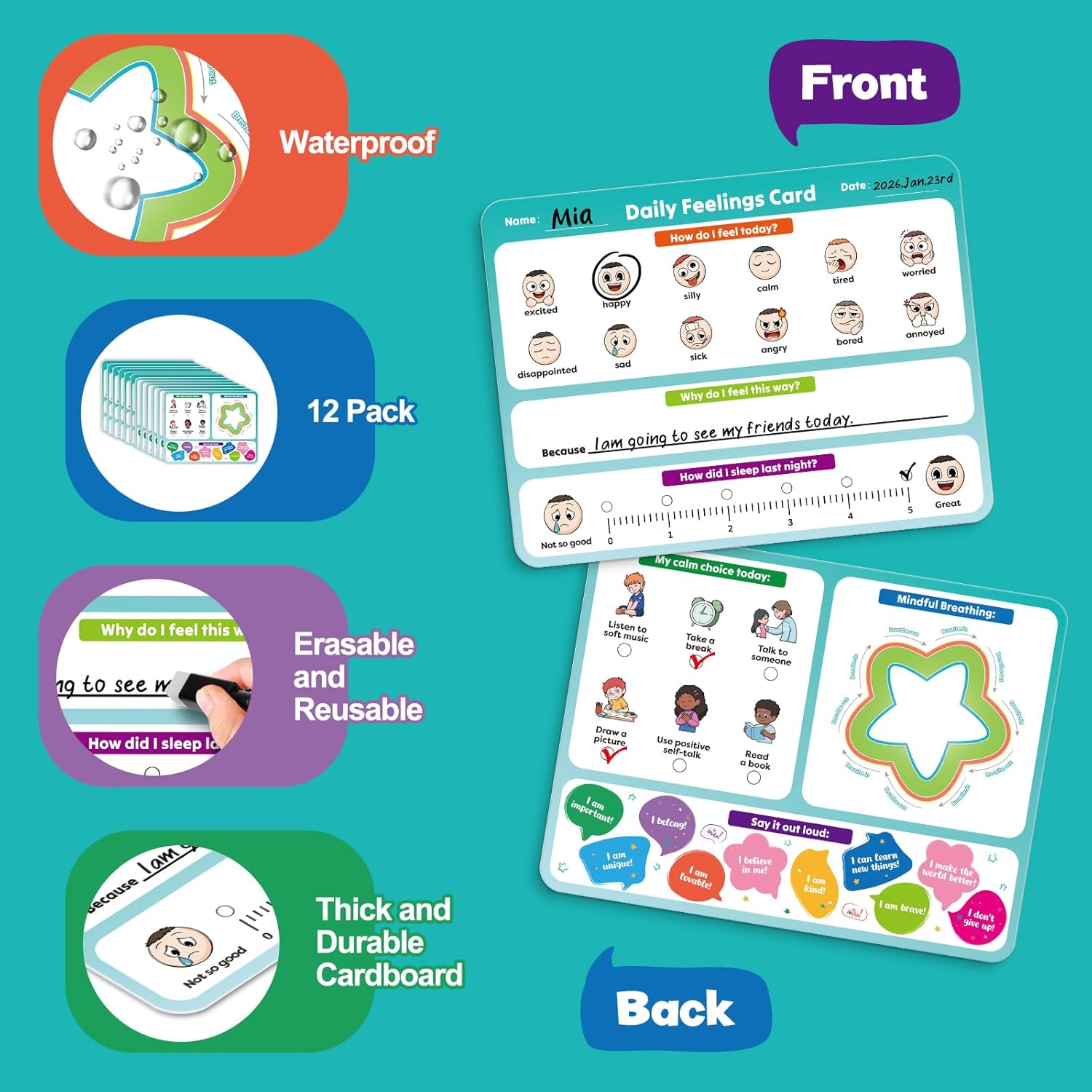 Aizweb Big Feelings Deck-12 Pack 9x12" Dry Erase Emotions Flash Cards with Coping Skills,Feelings Chart for Kids,Autism & ABA Tools,Calm Down Corner Supplies for Preschool Kindergarten Classroom