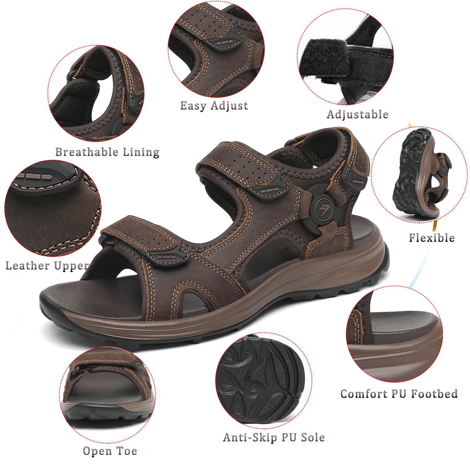 FLARUT Sandalias de Cuero para Hombre Trekking Senderismo Verano Playa Abiertas