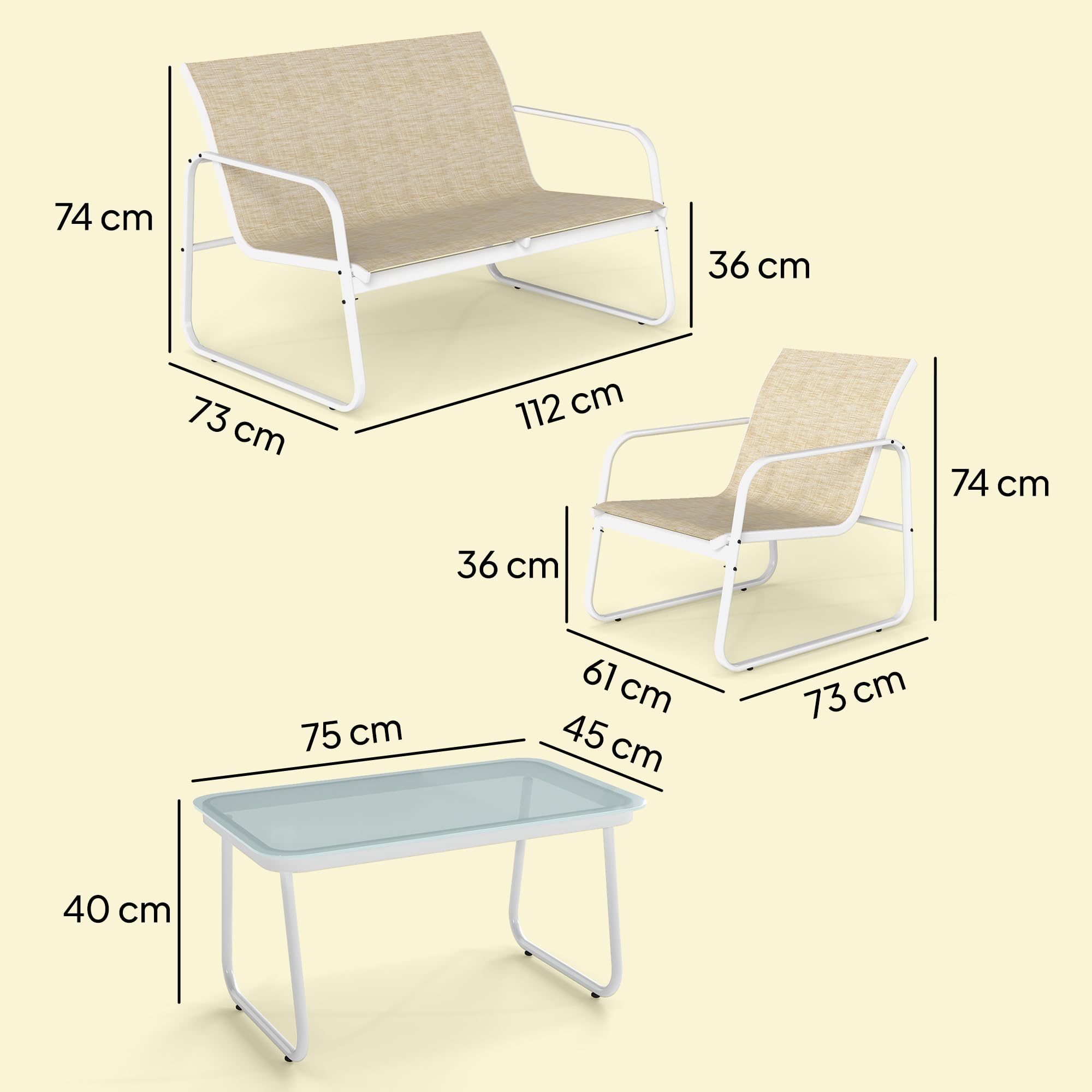Outsunny Set Salotto da Giardino 4 Pezzi, Set di Mobili da Giardino in Texteline con Divano 2 Posti, 2 Poltrone, Tavolino in Vetro Temperato, Struttura in Acciaio, Salottino da Esterno Balcone, Cachi
