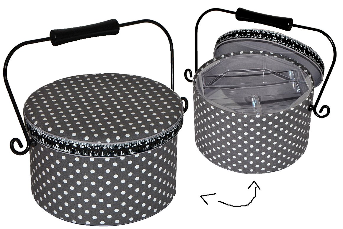 alles-meine.de GmbH 2 TLG. Nähkorb groß rund mit Metallgriff - Punkte weiß grau - Stoff Nähkasten Nähkästchen bunt Handarbeitskorb