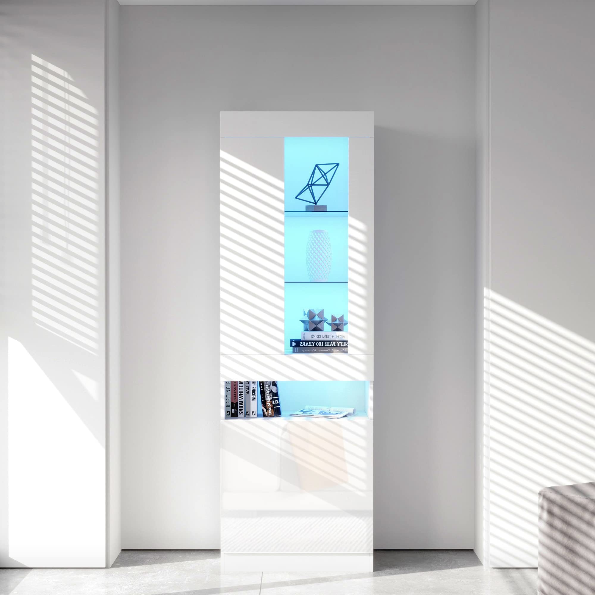 BTM Vitrine mit 16 Farben LED Beleuchtung, Standvitrine, Stauraumvitrine, Wohnzimmerschrank Weiß, LED-Schränke Buffet-Schrank, 50 (L) x40 (B) x180 cm (H)