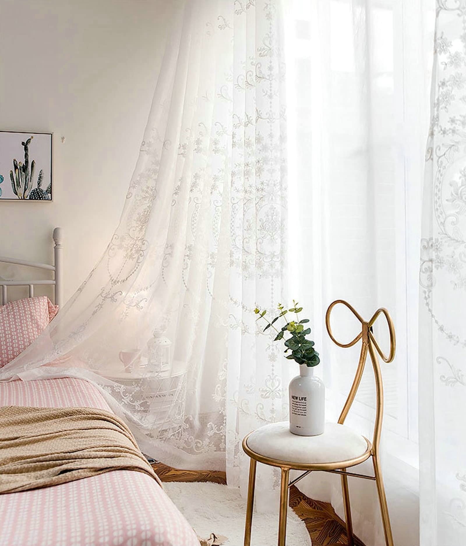 KnBoB Rideau Occultant Thermiques Blanc 137 x 229 CM Fleur Brodée Rideaux Fenêtres Chambre à Oeillets, Rideau Voilage Coton Lin