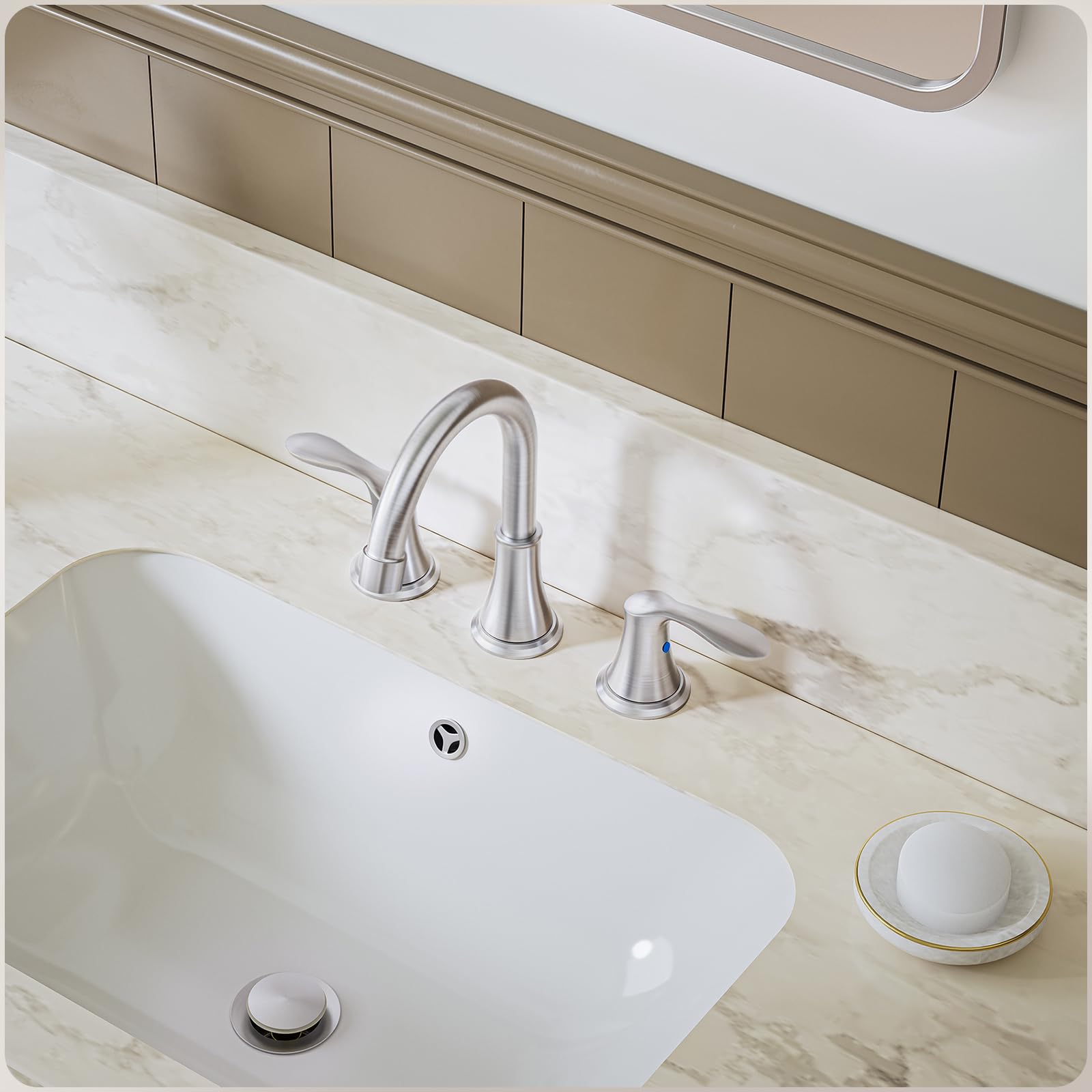Rubinetto per lavabo da bagno a tre fori da 8 pollici (20 cm) in nichel spazzolato, con due maniglie in acciaio inox, piletta di scarico a scomparsa in metallo e tubi di alimentazione dell'acqua, m