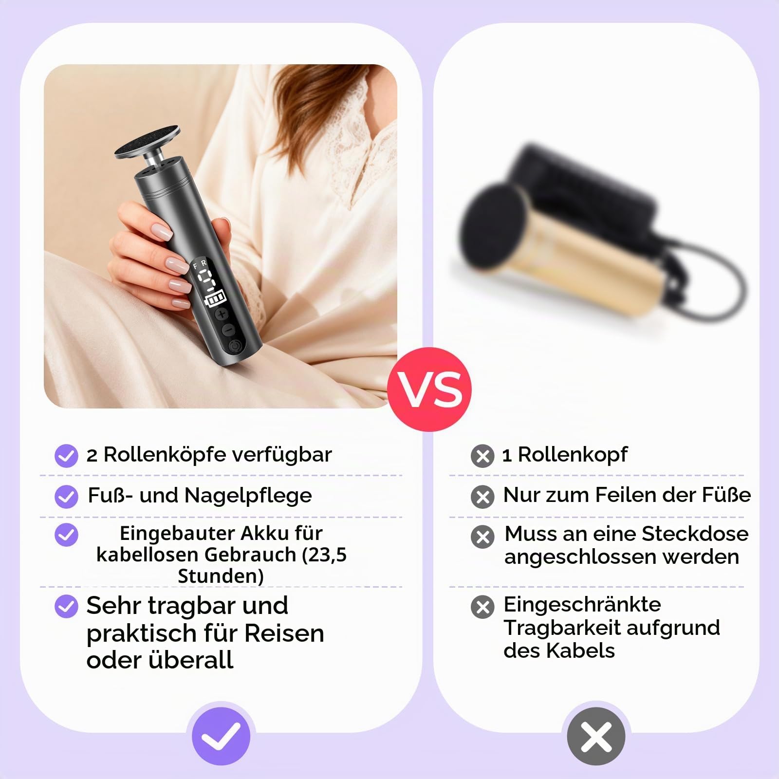 Hornhautentferner Elektrisch 2-IN-1, 9 Geschwindigkeiten Elektrischer Hornhautentferner, Wiederaufladbar mit Type-C, Pediküre Fußpflege Set Elektrisch für Tote Harte Rissige Haut
