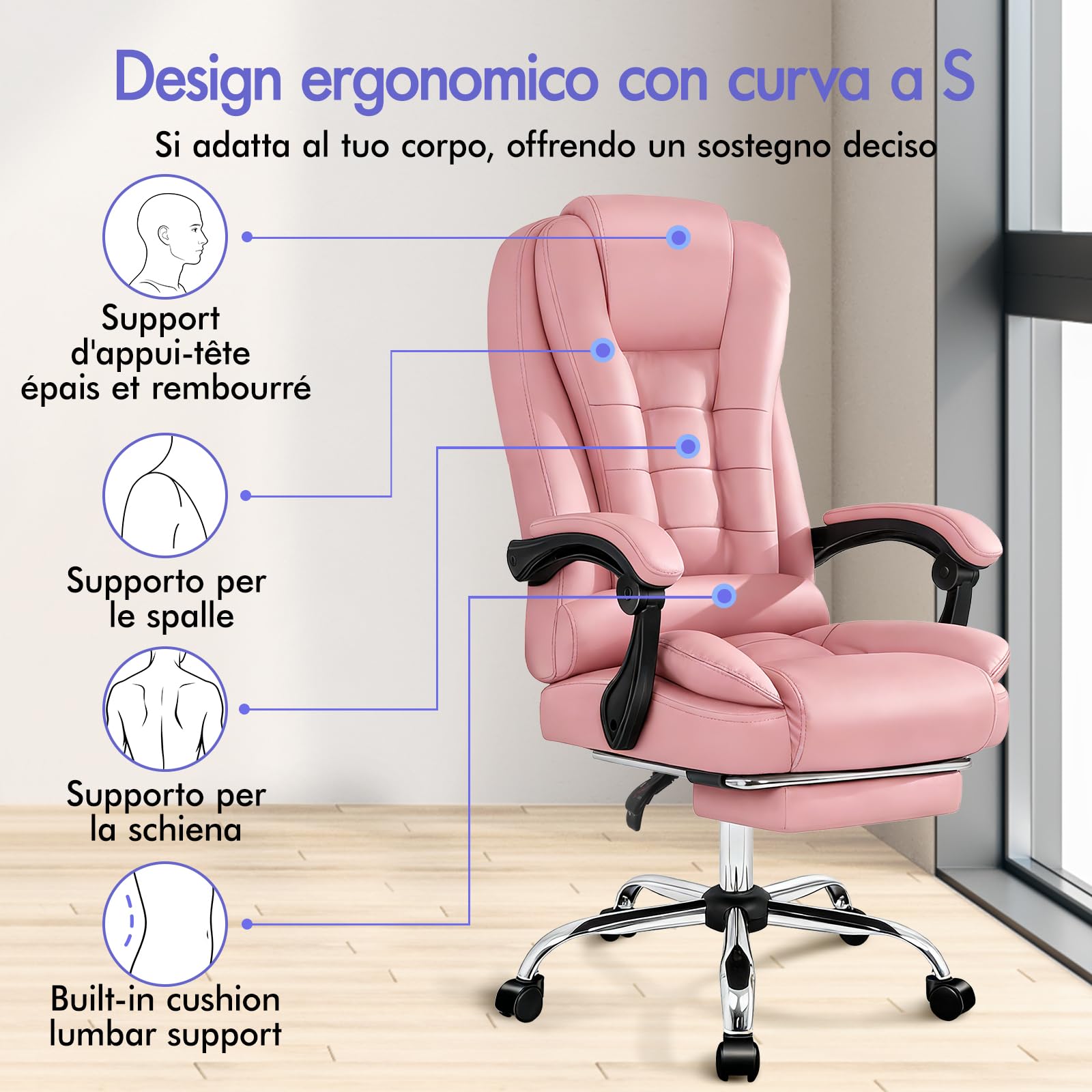 ALFORDSON Sedia Ufficio Ergonomica con Massaggio, Sedia Scrivania con Poggiapiedi e Supporto Lombare, Poltrona Girevole con Rotelle per Studio e Sala Riunioni, Similpelle(Rosa)