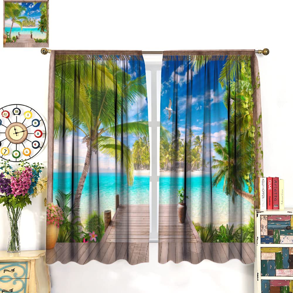 Ocean Beach Curtains,Summer Gazebo Blue Sea Tropical Beach Printed Window Drapes for Kids Teens Kitchen Living Room Bedroom Decor 42x63in