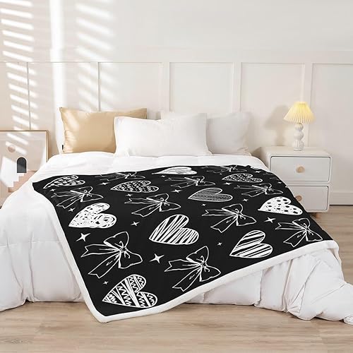 Miniatura 2 de Manta de cama con estampado de corazones de lazo, manta de felpa de grafiti dibujada a mano para decoración rústica del hogar, manta de franela