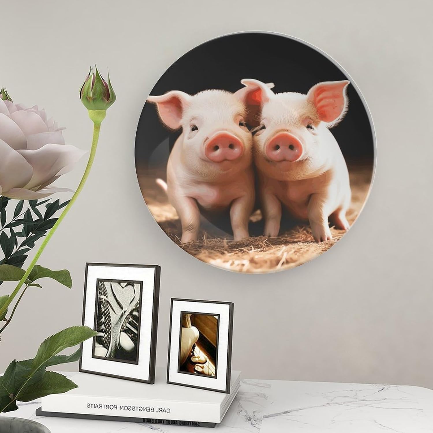 Cute Pigs Bone China Decorative Plate with Display Stand, Ceramic Ornaments Plate for Wall Hanging, Personalized Porcelain Plates for Office, Living Room 8inch