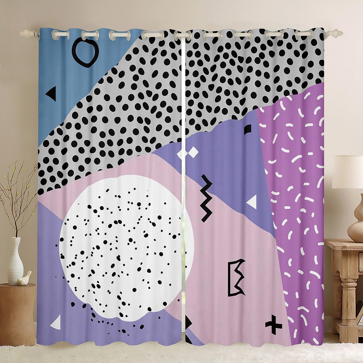 Manfei Memphis Blackout Curtain Abstract Geometric Retro Window Drapes for Kids Girls Room Decor 80s 90s Fashion Style Window Treatments Grommet Top 2 Panel Set Bedroom Curtains