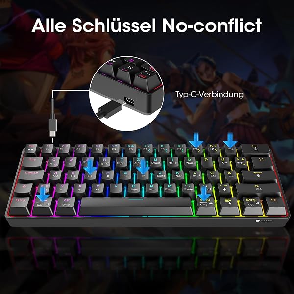 KOORUI KOORUI Gaming Tastatur, 60% Mechanisch Tastatur 26 RGB Hinterleuchtet Kabelgebunden Deutsches Layout QWERTZ Gaming Keyboard für Windows MacOS Linux-Blauer Schalter 61 Tasten-Kabelgebunden Blauer Schalter in use