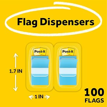 Post-it Flags, 1 x 1.7 in, Blue, 2 Dispensers, 50 Flags/Dispenser