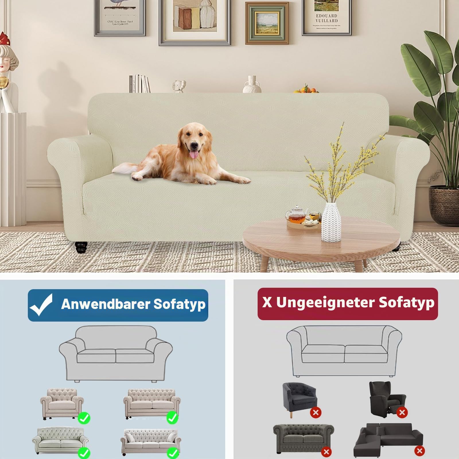 YSTELLAA Stretch Sofa Überzug 3 Sitzer, Elastisch Sofabezug Mit Armlehnen, Jacquard Sofaschoner rutschfest, Universal Sofa Cover Moderne, Couchüberzüge Sofahusse Für Katze Hund, Beige