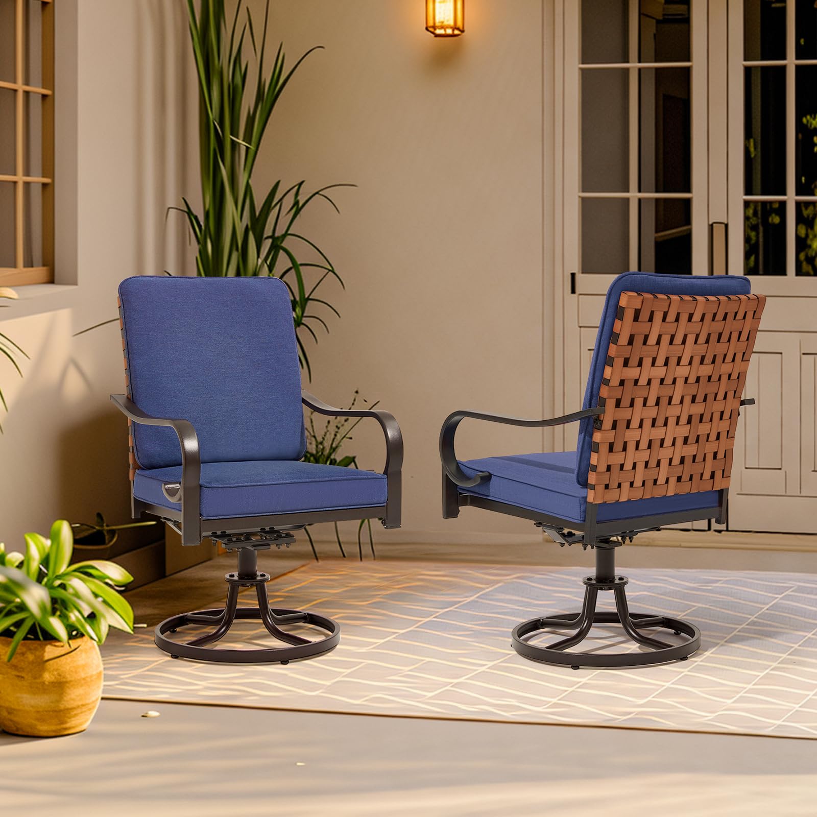 MELLCOM Patio Swivel Chair Set of 2, Outdoor Dining Chairs with Thickened Cushions, Leather-Look Wicker Chairs with Gentle Rocker for Porch, Garden,