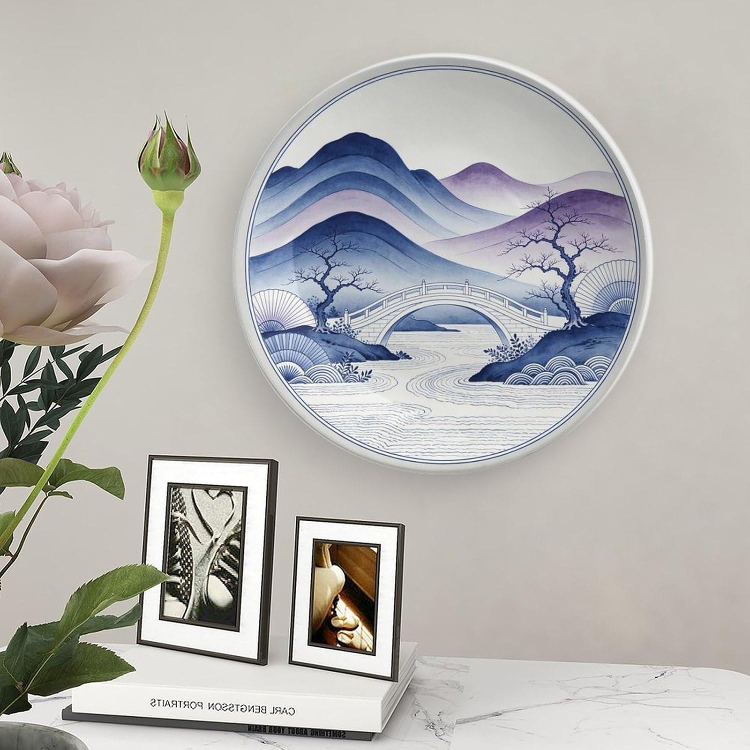 Blue White Porcelain Art Plate, Rolling Hills And Dry Tree Scenery for Hallway Accent Bone China Decorative Plate, 8inch Wall Art Home Decor