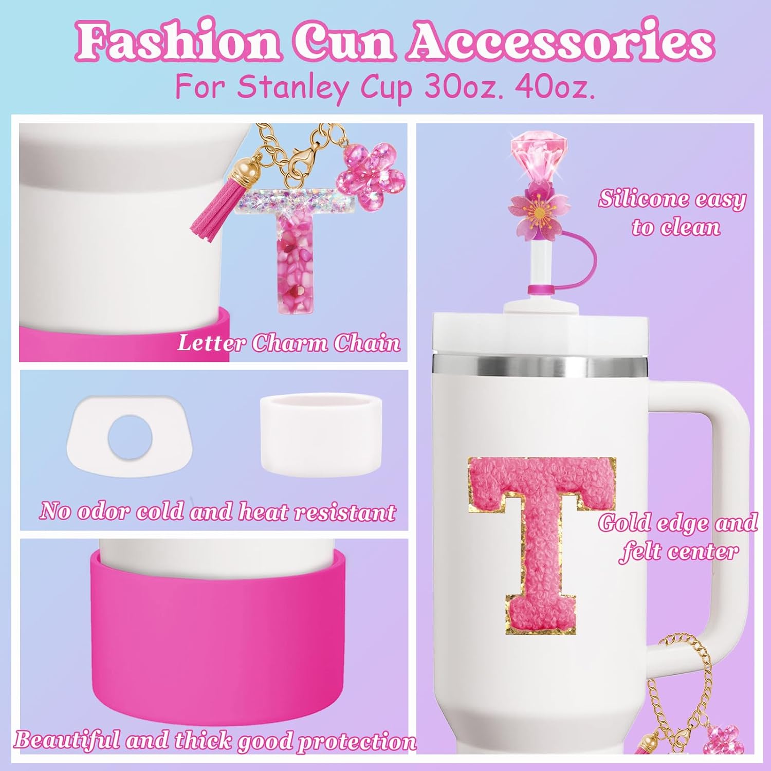 7PCS Stanley Cup Accessories Set for Stanley Cup 30oz 40oz Tumbler with Handle,Including Straw Topper Cover Cap and Boot,Spill Proof Stopper,Handle Charm,Initials Sticker (Rose pink T) - Image 3