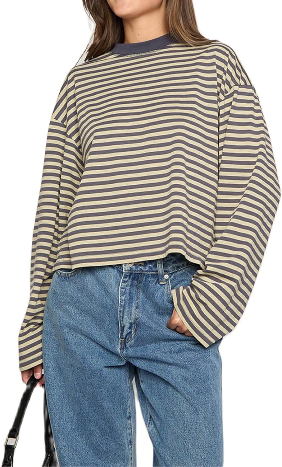 Women Y2k Long Sleeve Fairy Grunge Striped Baggy Tees Shirts 2000s Emo Aesthetic Sw...