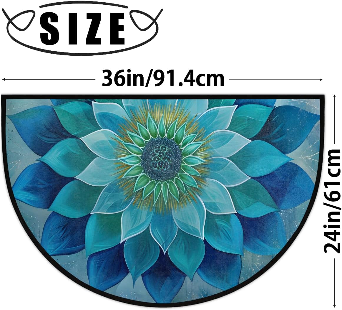Teal Mandala Half Moon Rug Mandala Teal Ethnic Half Round Door Mat Washable Half Circle Area Rugs Indoor Entrance Non Slip Semi Circle Bathroom Rugs Floor Carpet for Kithen Bedroom Fireplace Decor