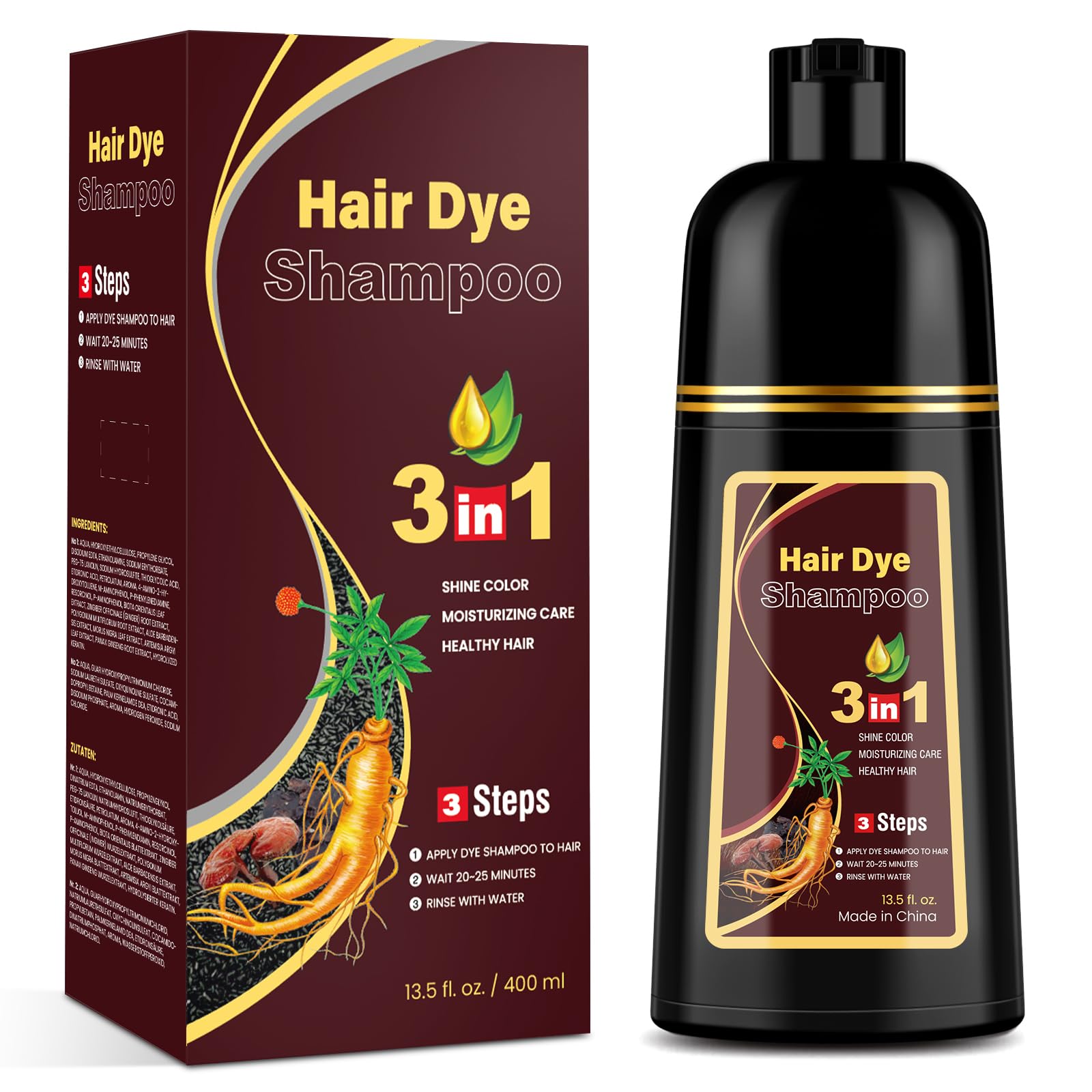 3-in-1 Hair Color Shampoo for Gray Hair Coverage with Herbal Ingredients, 16.9 Oz